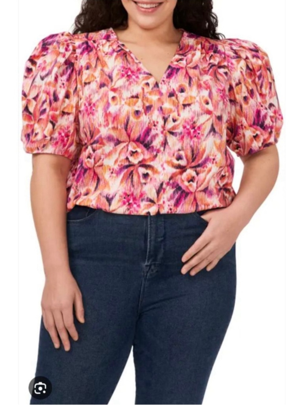 Cece Puff-Sleeve V-Neck Top in Pink Orange